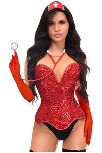 Daisy Corsets Top Drawer 4 PC Premium Sequin Nurse Corset Costume in Red 