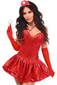 Daisy Corsets Top Drawer 4 PC Sequin Nurse Corset Dress Costume in Red 