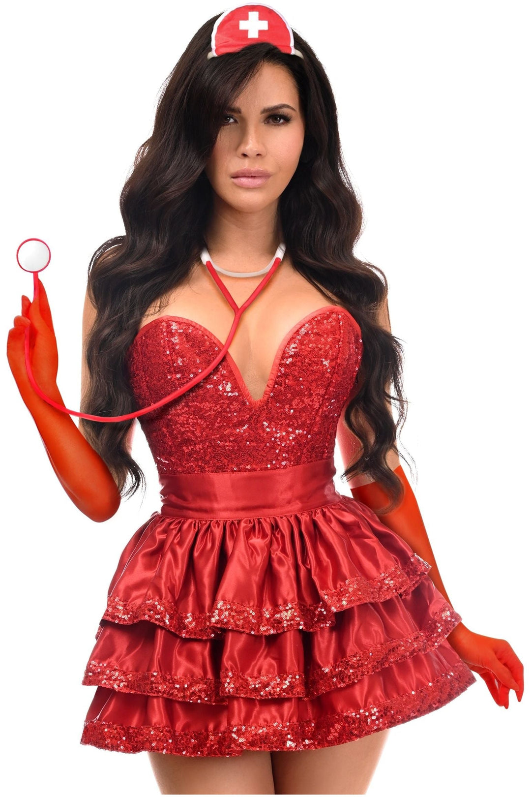 Daisy Corsets Top Drawer 5 PC Red Sequin Nurse Corset Costume in Red 