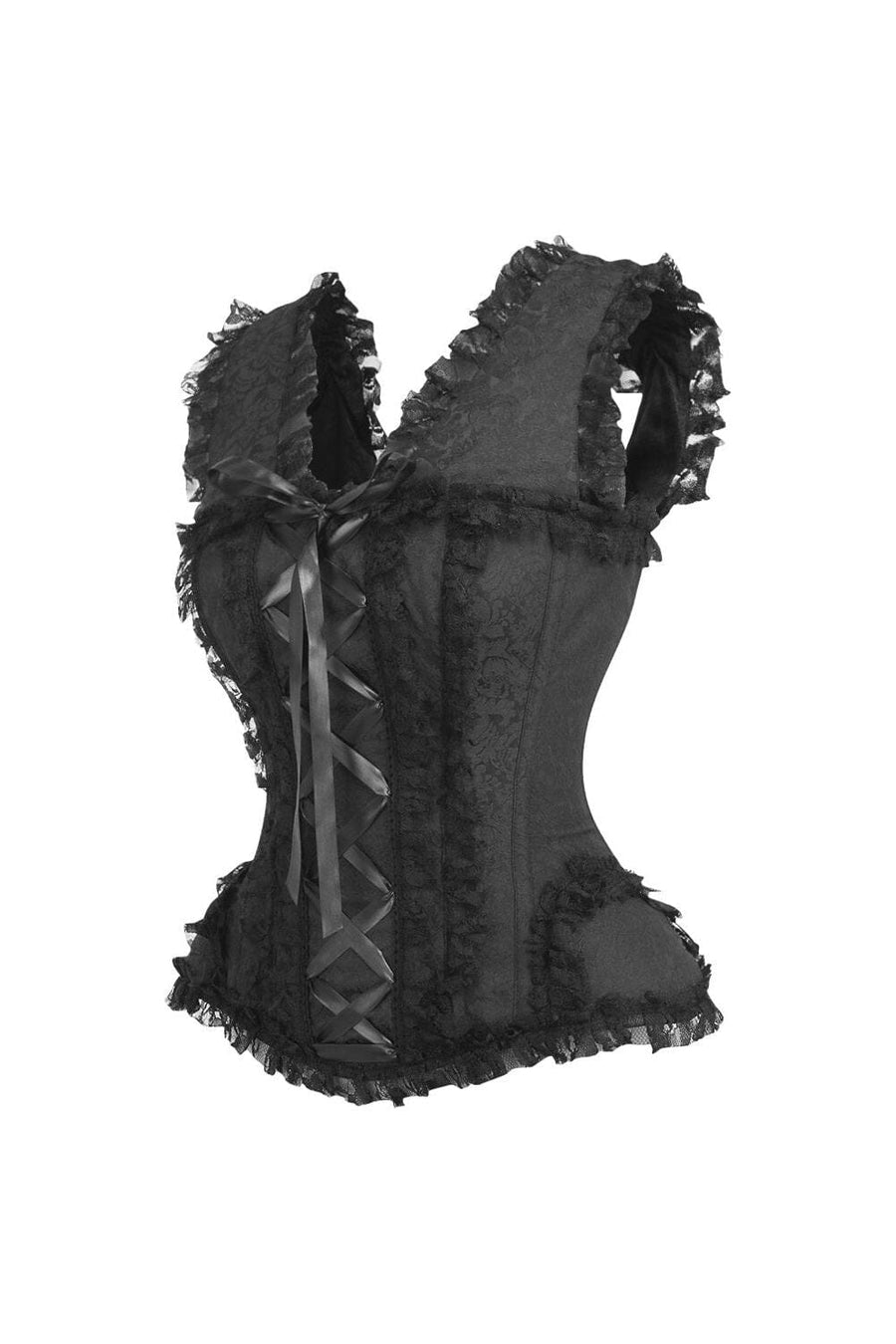 Daisy Corsets Top Drawer Black Brocade & Lace Steel Boned Corset w/Cap Sleeves in Black 