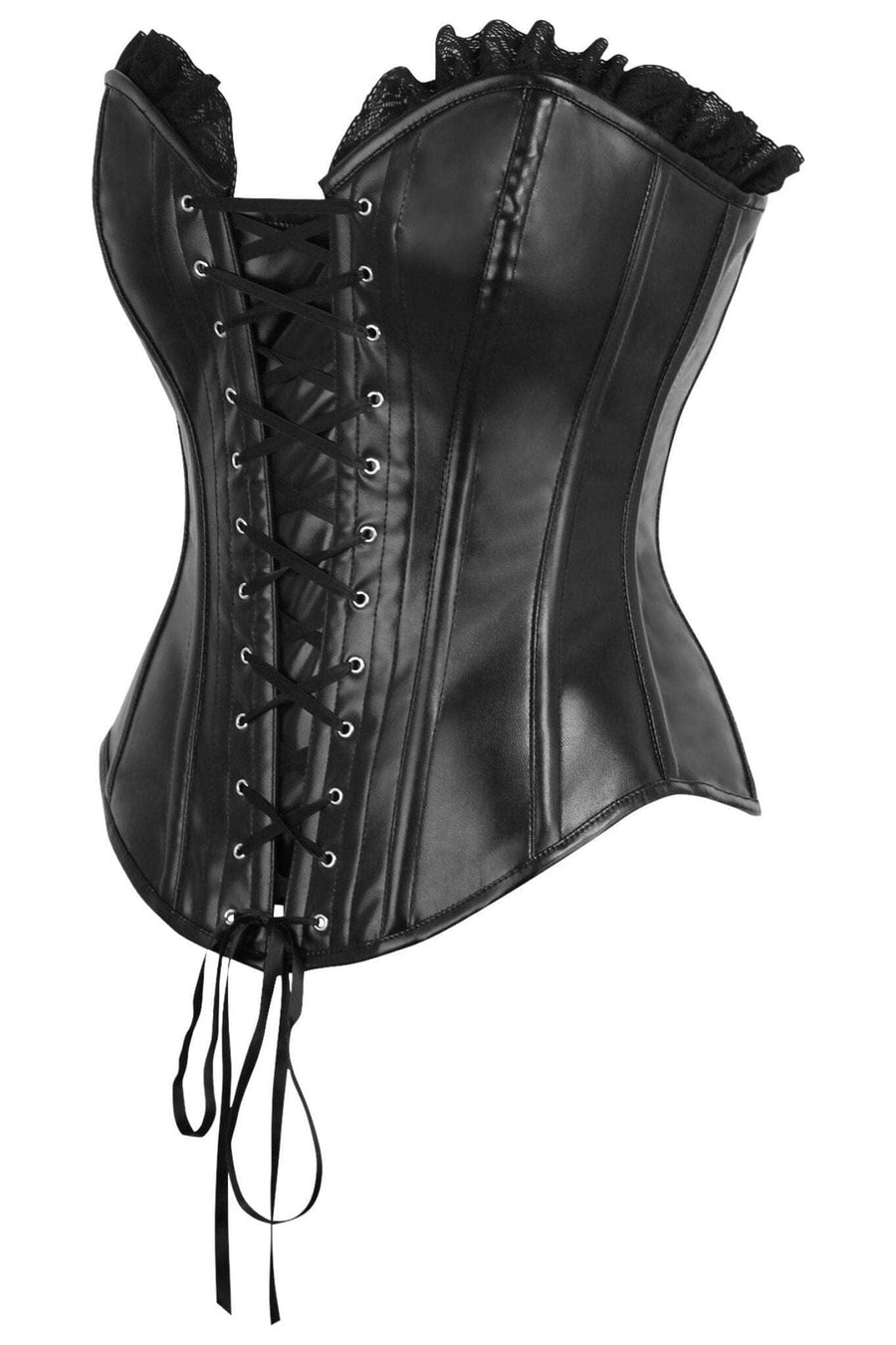 Daisy Corsets Top Drawer Black Faux Leather & Black Lace Trim Lace Up Steel Boned Corset in Black 