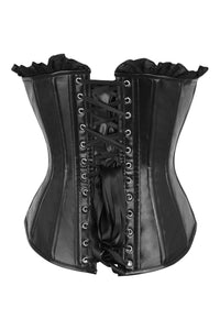 Daisy Corsets Top Drawer Black Faux Leather & Black Lace Trim Lace Up Steel Boned Corset in Black 