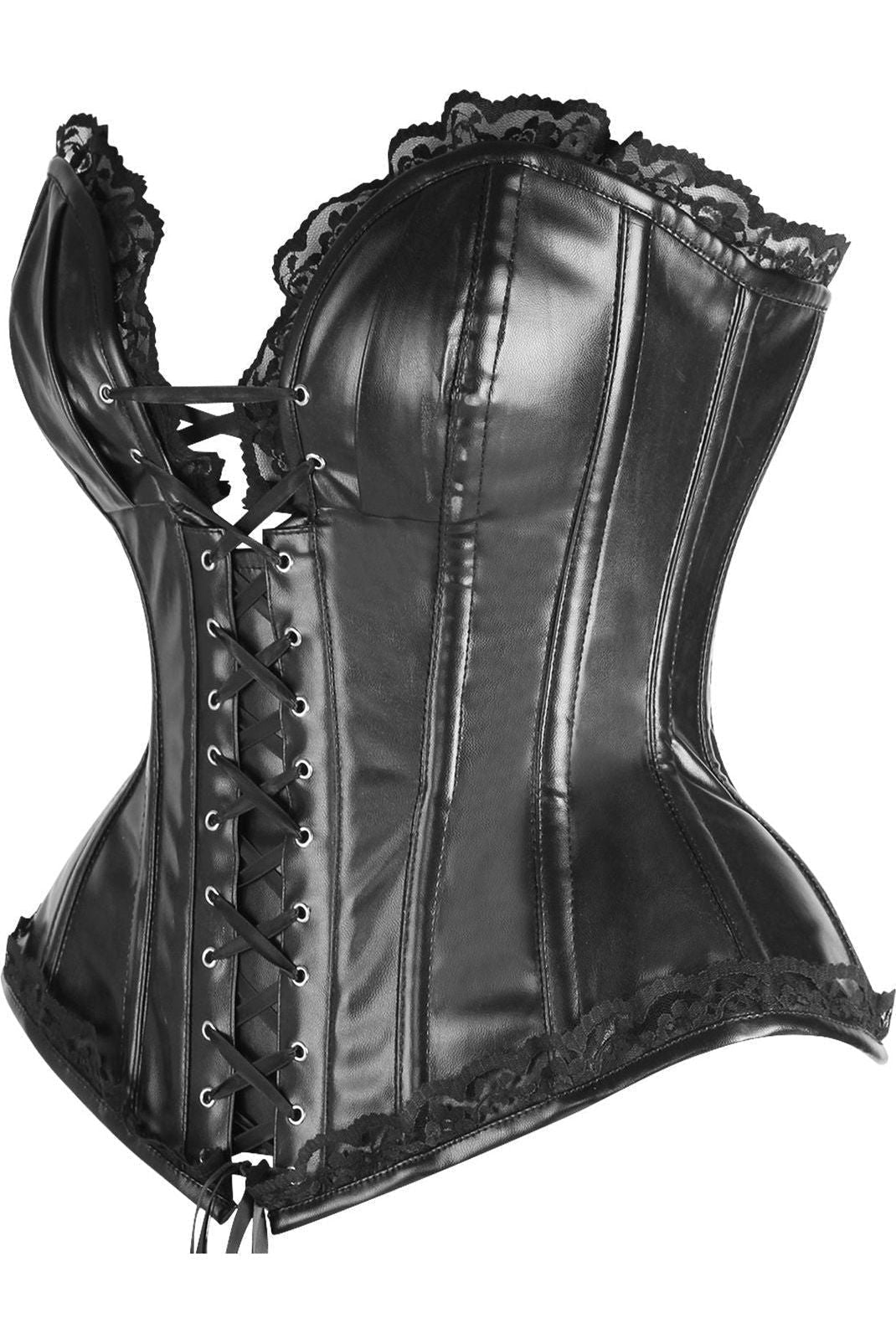 Daisy Corsets Top Drawer Black Faux Leather & Lace Trim Steel Boned Corset in Black 