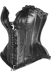 Daisy Corsets Top Drawer Black Faux Leather & Lace Trim Steel Boned Corset in Black 