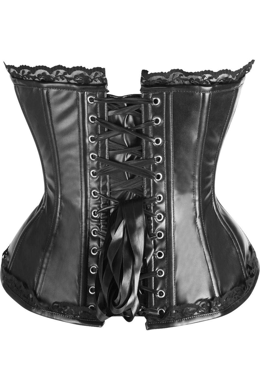 Daisy Corsets Top Drawer Black Faux Leather & Lace Trim Steel Boned Corset in Black 