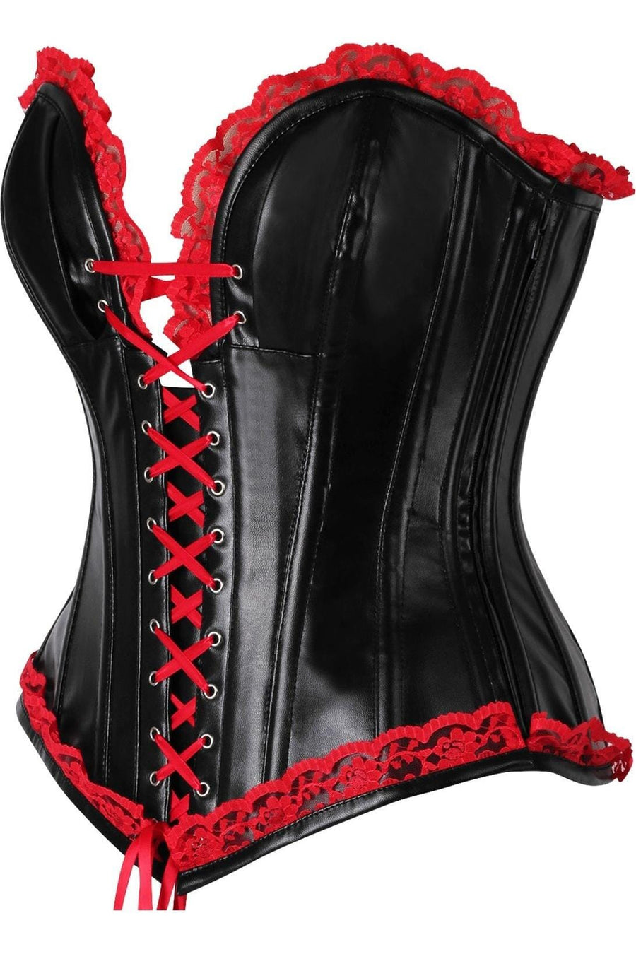 Daisy Corsets Top Drawer Black Faux Leather & Red Lace Trim Steel Boned Corset in Red 