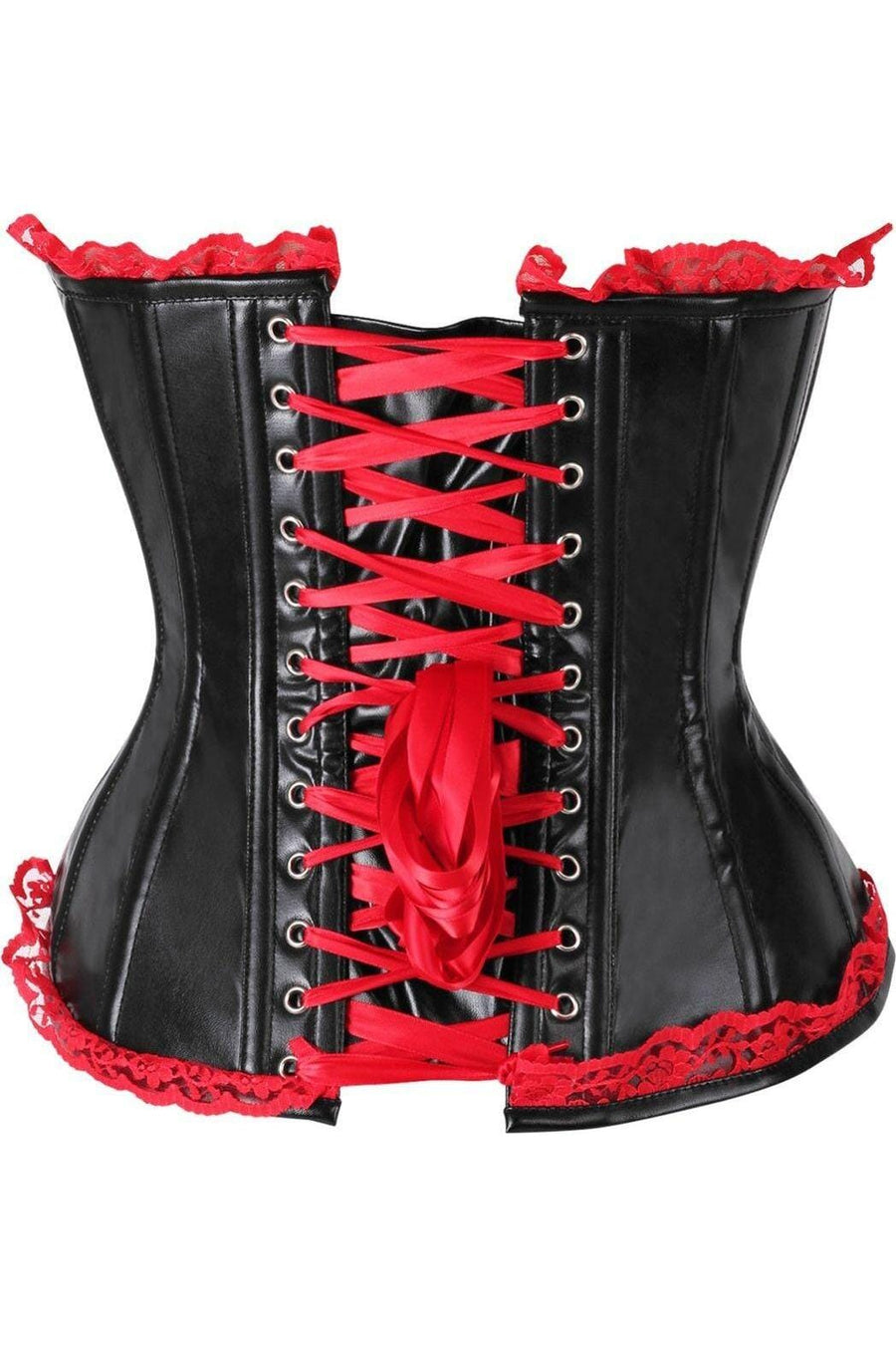 Daisy Corsets Top Drawer Black Faux Leather & Red Lace Trim Steel Boned Corset in Red 