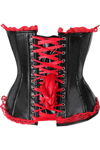 Daisy Corsets Top Drawer Black Faux Leather & Red Lace Trim Steel Boned Corset in Red 