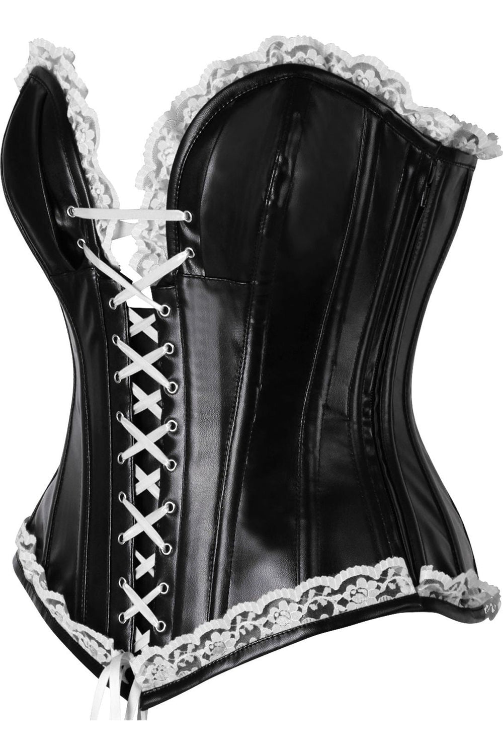 Daisy Corsets Top Drawer Black Faux Leather & White Lace Trim Steel Boned Corset in White 
