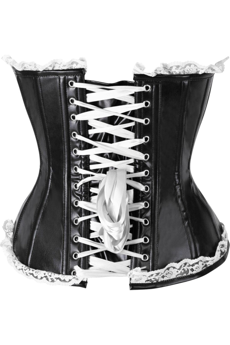 Daisy Corsets Top Drawer Black Faux Leather & White Lace Trim Steel Boned Corset in White 