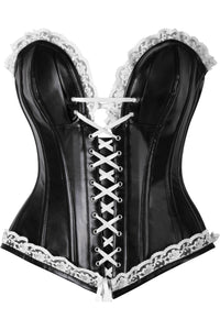 Daisy Corsets Top Drawer Black Faux Leather & White Lace Trim Steel Boned Corset in White  from SexyShoes.com