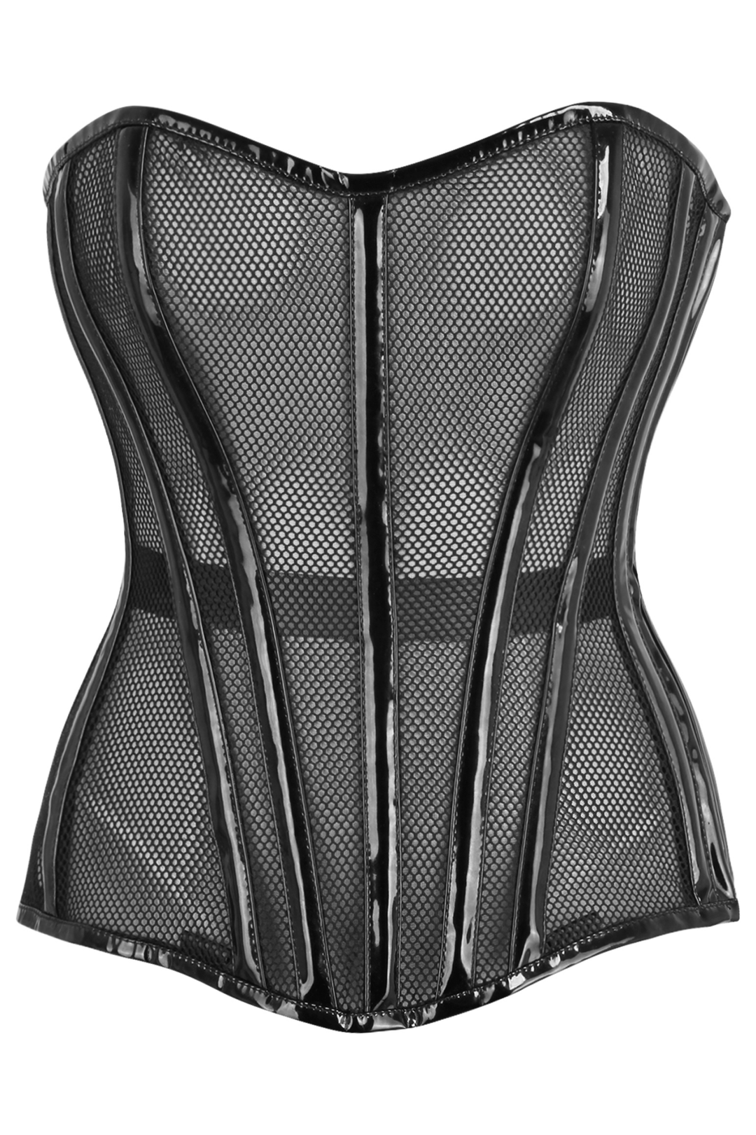 Daisy Corsets Top Drawer Black Fishnet w/Patent Steel Boned Overbust Corset in Black 