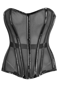 Daisy Corsets Top Drawer Black Fishnet w/Patent Steel Boned Overbust Corset in Black 