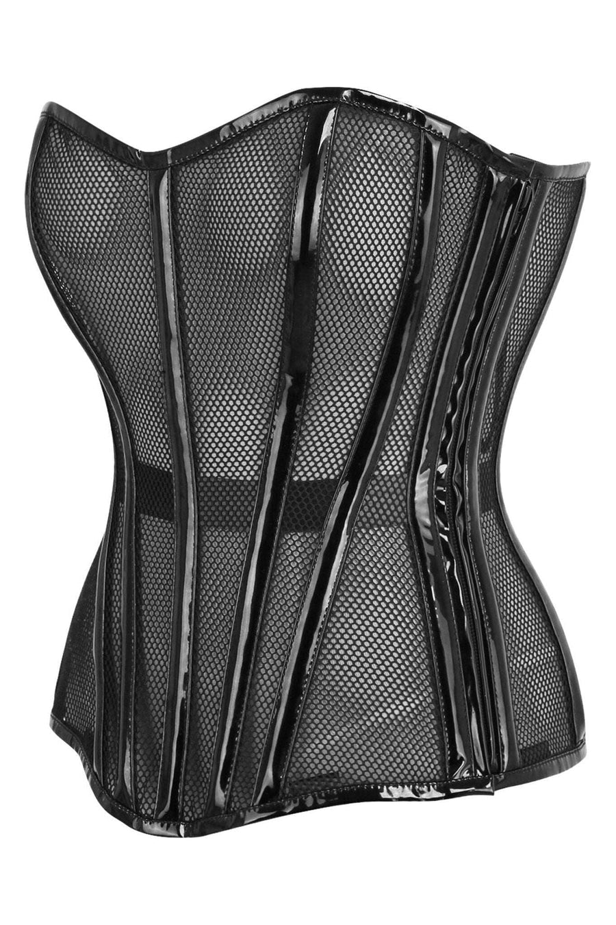 Daisy Corsets Top Drawer Black Fishnet w/Patent Steel Boned Overbust Corset in Black 