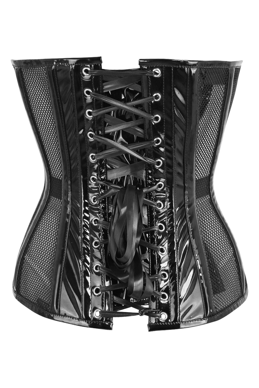 Daisy Corsets Top Drawer Black Fishnet w/Patent Steel Boned Overbust Corset in Black 
