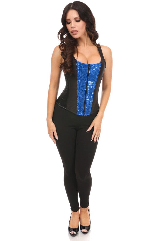 Daisy Corsets Top Drawer Black Satin & Blue Sequin Steel Boned Corset w/Straps in Blue 
