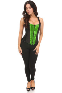 Daisy Corsets Top Drawer Black Satin & Green Sequin Steel Boned Corset w/Straps in Green 