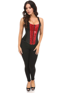 Daisy Corsets Top Drawer Black Satin & Red Sequin Steel Boned Corset w/Straps in Red 