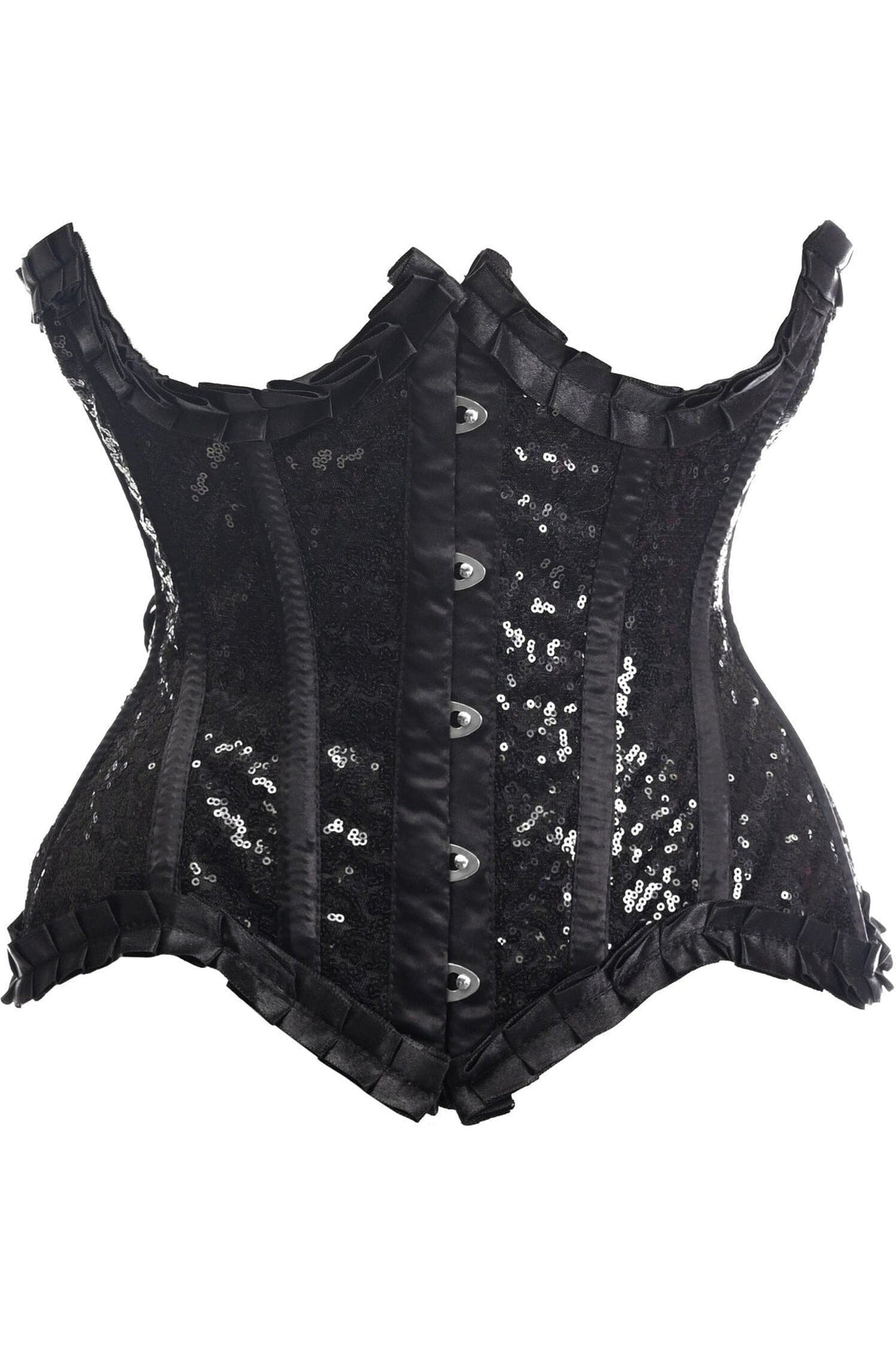 Daisy Corsets Top Drawer Black Satin & Sequin Underwire Curvy Cut Steel Boned Waist Cincher Corset in Black  from SexyShoes.com