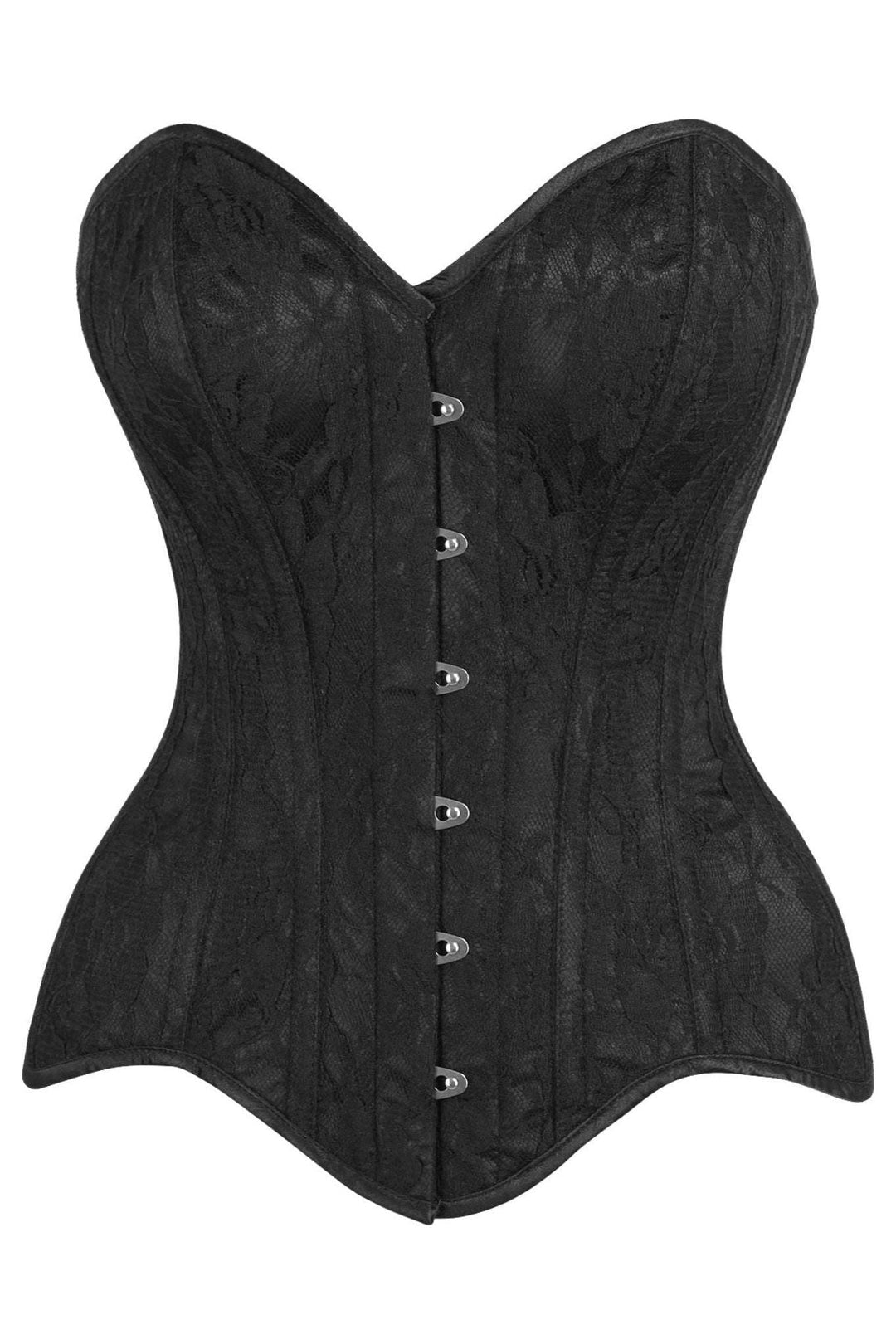 Daisy Corsets Top Drawer Black Satin w/Black Lace Overlay Steel Boned Overbust Corset in Black  from SexyShoes.com