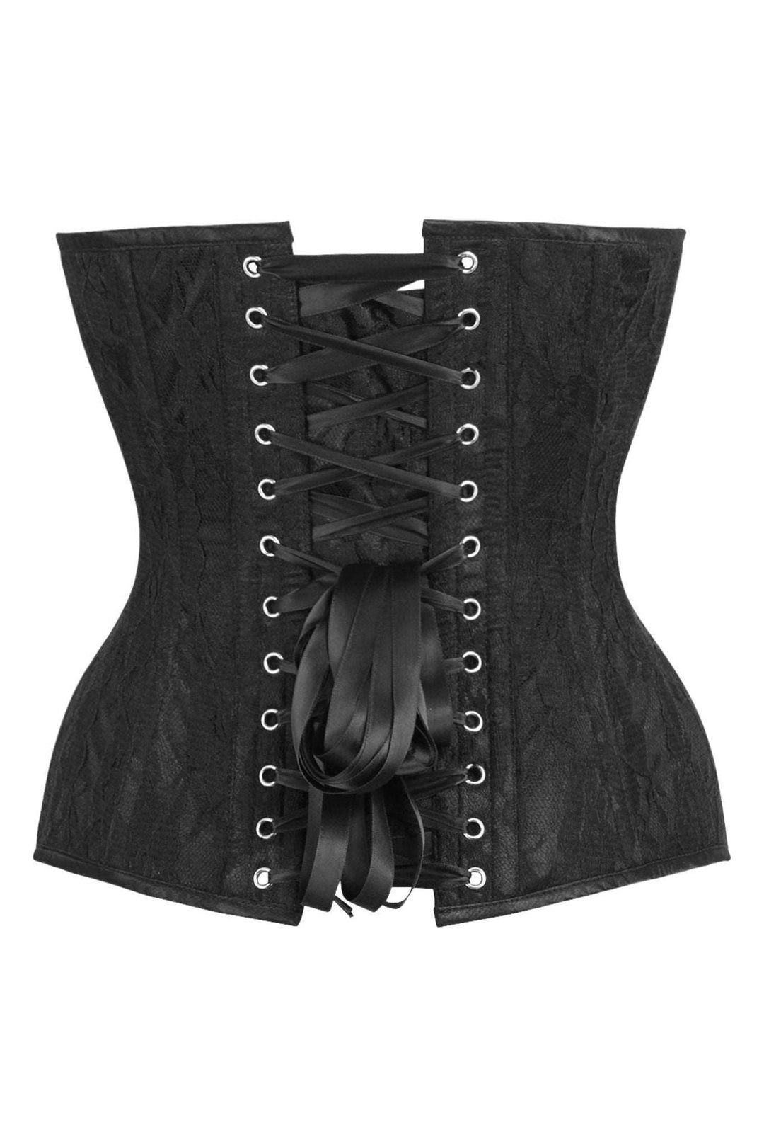 Top Drawer Black Satin w/Black Lace Overlay Steel Boned Overbust Corset