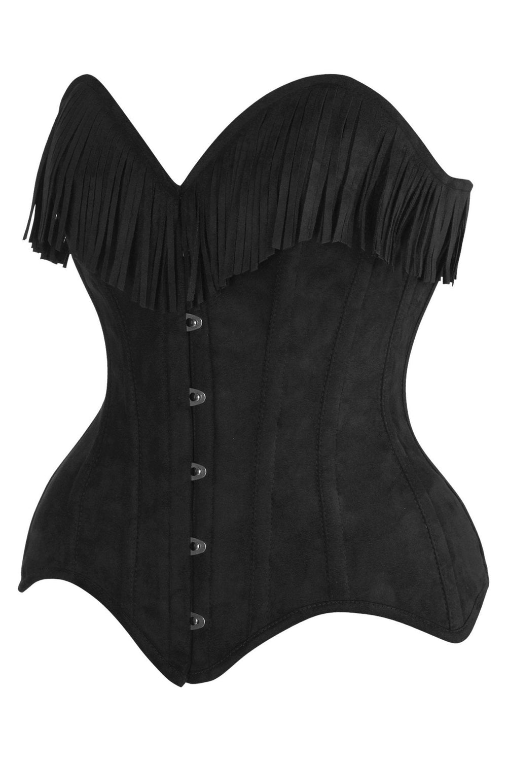 Daisy Corsets Top Drawer Black Suede Steel Boned Overbust Corset w/Fringe in Black 