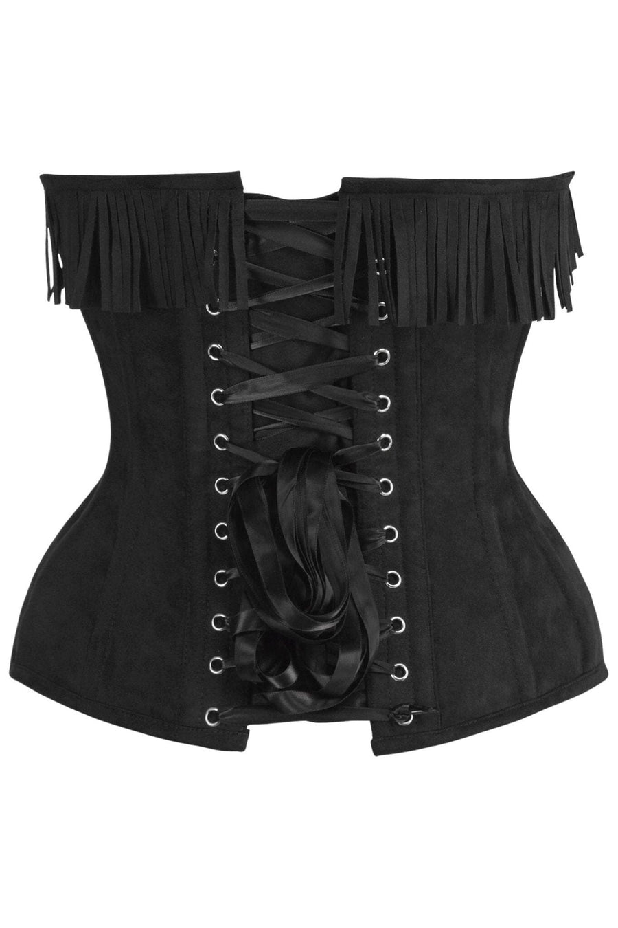 Daisy Corsets Top Drawer Black Suede Steel Boned Overbust Corset w/Fringe in Black 