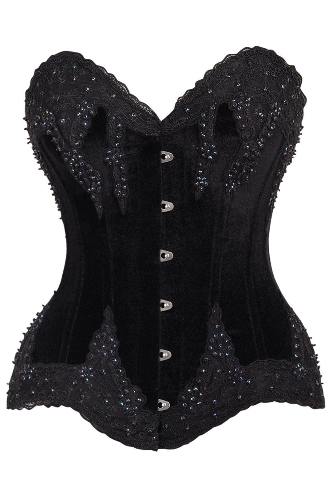 Daisy Corsets Top Drawer Black Velvet & Beaded Steel Boned Overbust Corset in Black  from SexyShoes.com