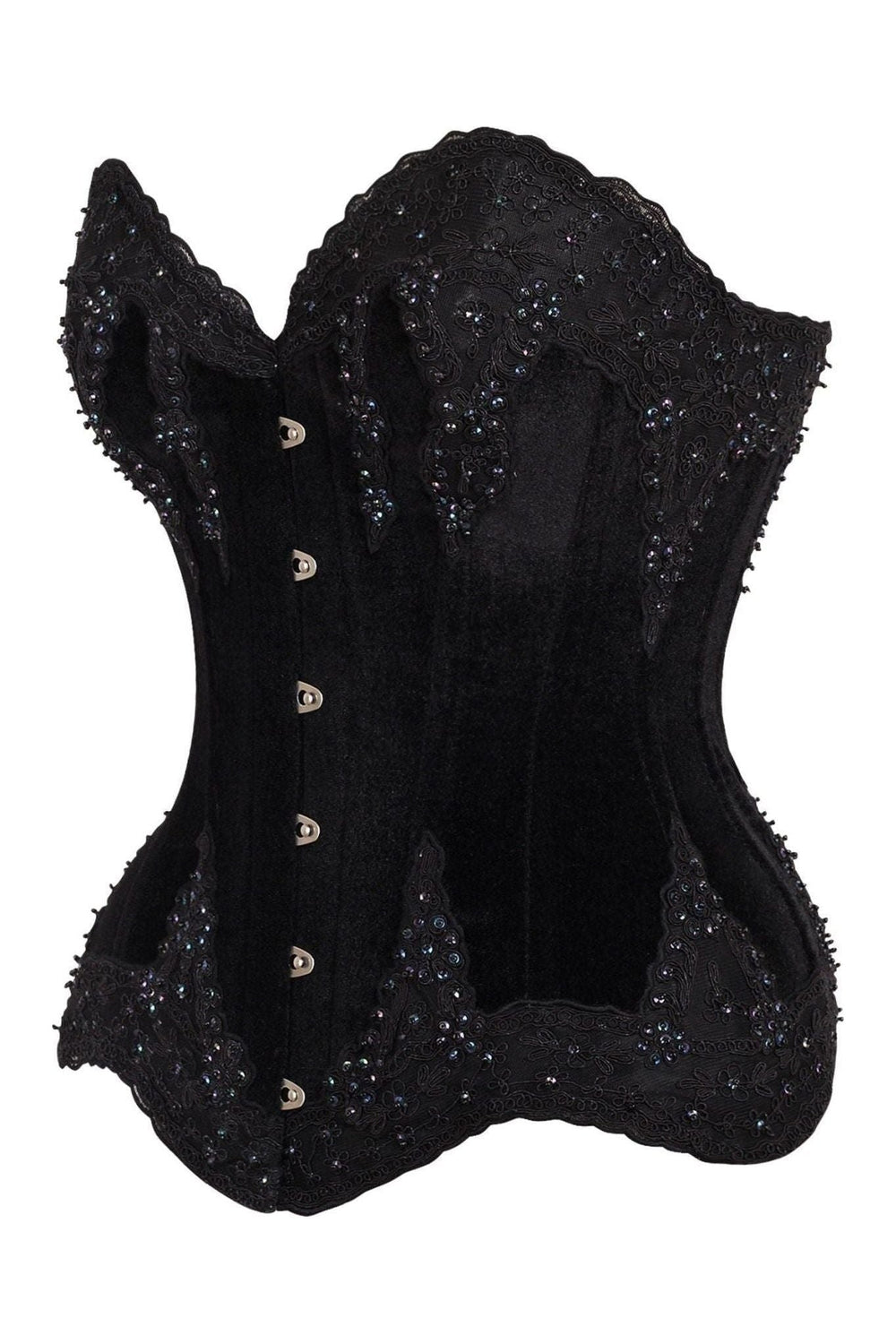 Daisy Corsets Top Drawer Black Velvet & Beaded Steel Boned Overbust Corset in Black 