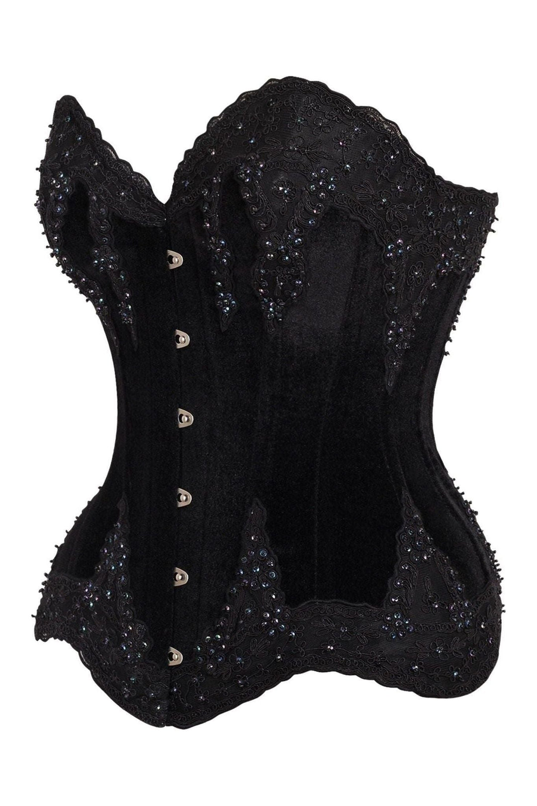 Daisy Corsets Top Drawer Black Velvet & Beaded Steel Boned Overbust Corset in Black 