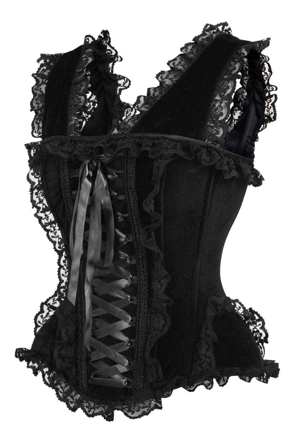 Daisy Corsets Top Drawer Black Velvet & Lace Steel Boned Corset w/Cap Sleeves in Black 
