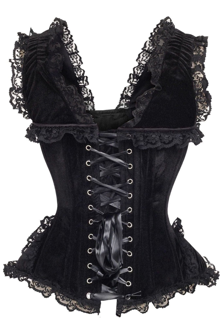 Daisy Corsets Top Drawer Black Velvet & Lace Steel Boned Corset w/Cap Sleeves in Black 