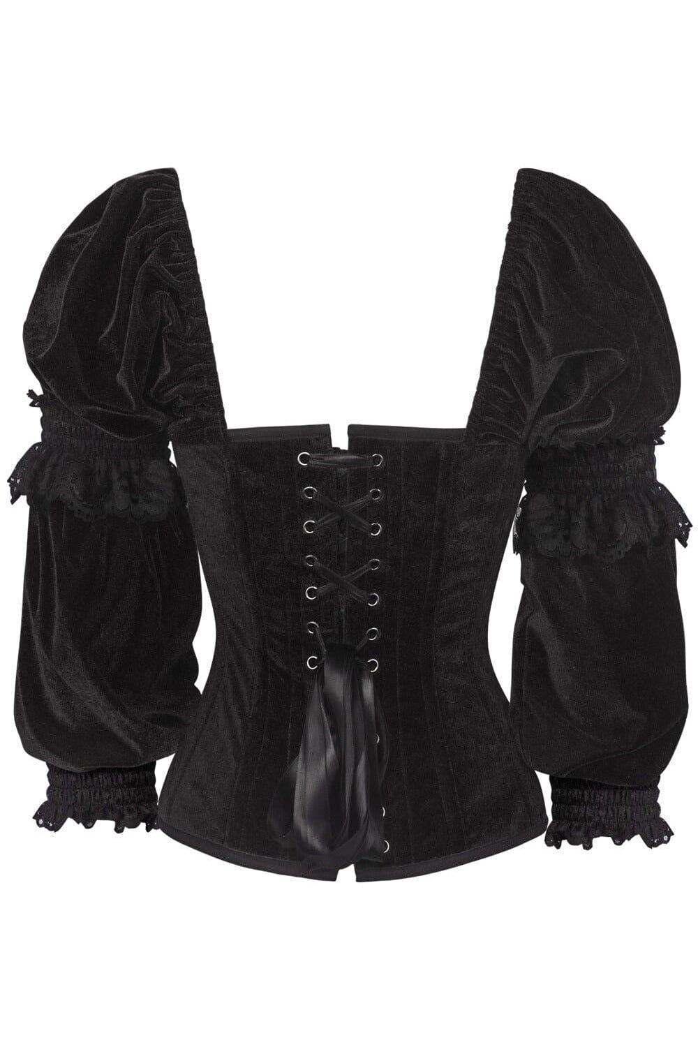 Daisy Corsets Top Drawer Black Velvet Steel Boned Long Sleeve Corset in Black 