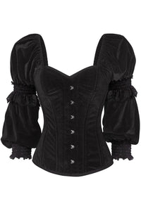 Daisy Corsets Top Drawer Black Velvet Steel Boned Long Sleeve Corset in Black  from SexyShoes.com