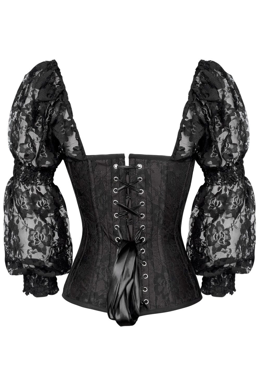 Daisy Corsets Top Drawer Black w/Black Lace Steel Boned Long Sleeve Corset in Black 