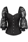 Top Drawer Black w/Black Lace Steel Boned Long Sleeve Corset