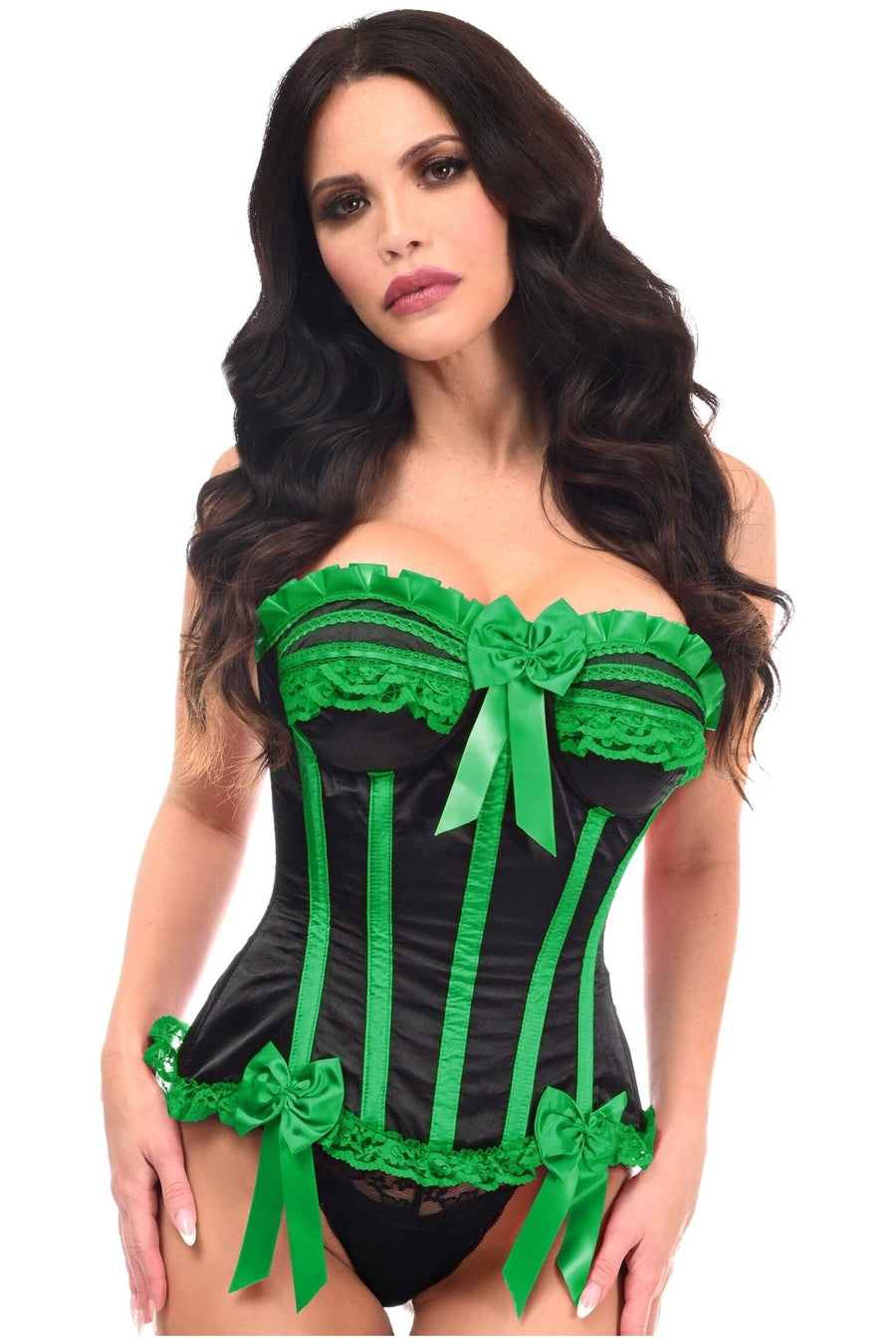 Daisy Corsets Top Drawer Black/Green Satin Steel Boned Burlesque Corset in Black 