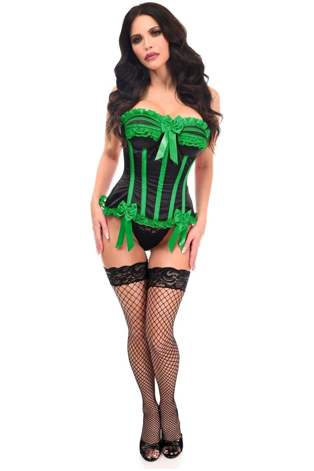 Daisy Corsets Top Drawer Black/Green Satin Steel Boned Burlesque Corset in Black 
