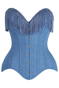 Daisy Corsets Top Drawer Blue Denim Steel Boned Overbust Corset w/Fringe in Blue  from SexyShoes.com