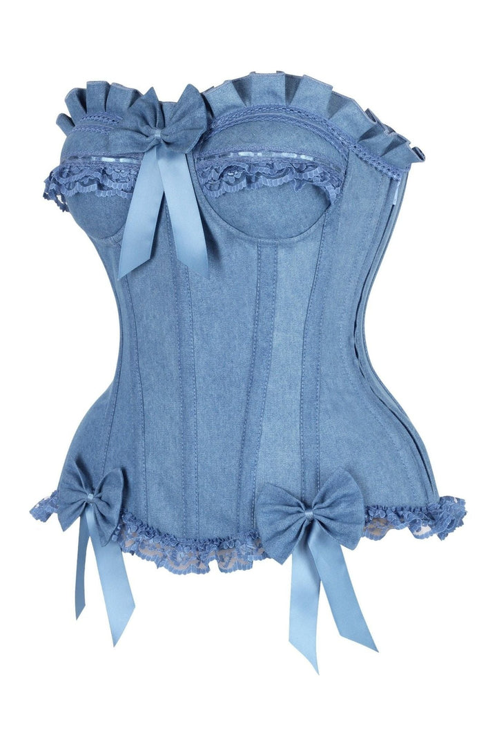 Top Drawer Blue Denim Underwire Steel Boned Burlesque Corset w/Bows