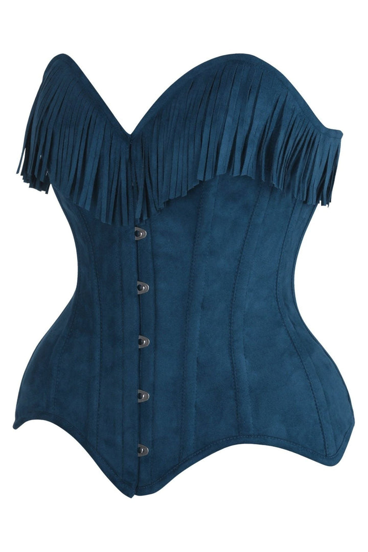 Top Drawer Blue Suede Steel Boned Overbust Corset w/Fringe