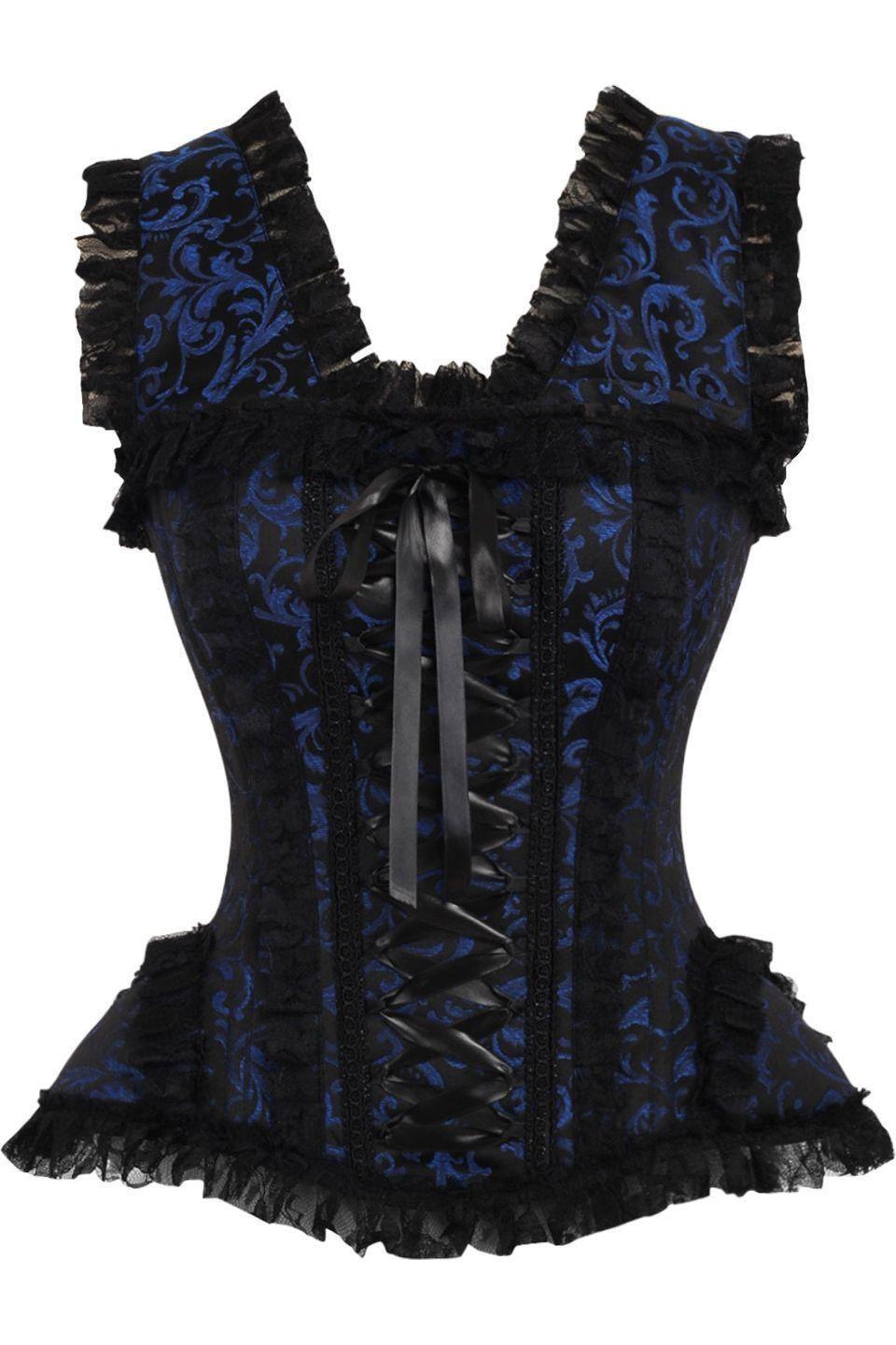 Daisy Corsets Top Drawer Blue/Black Swirl Brocade & Lace Steel Boned Corset w/Cap Sleeves in Blue  from SexyShoes.com