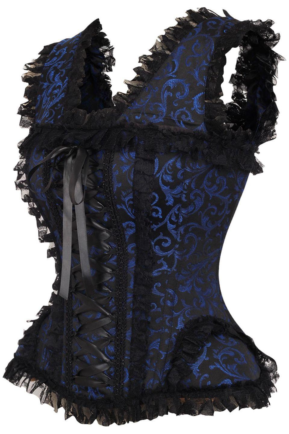 Daisy Corsets Top Drawer Blue/Black Swirl Brocade & Lace Steel Boned Corset w/Cap Sleeves in Blue 