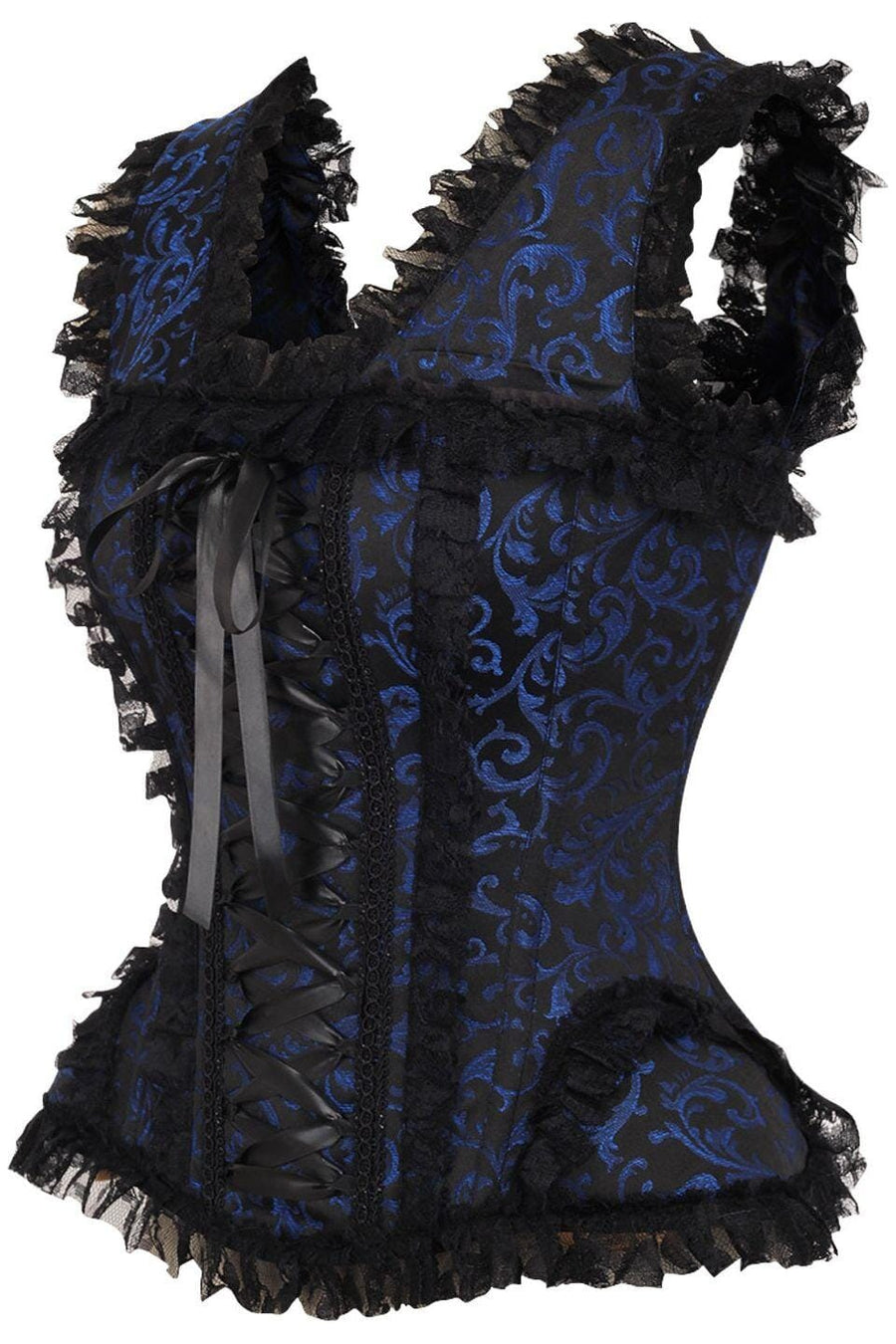 Daisy Corsets Top Drawer Blue/Black Swirl Brocade & Lace Steel Boned Corset w/Cap Sleeves in Blue 