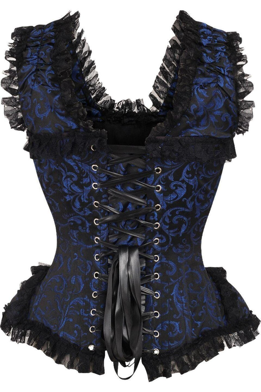 Daisy Corsets Top Drawer Blue/Black Swirl Brocade & Lace Steel Boned Corset w/Cap Sleeves in Blue 