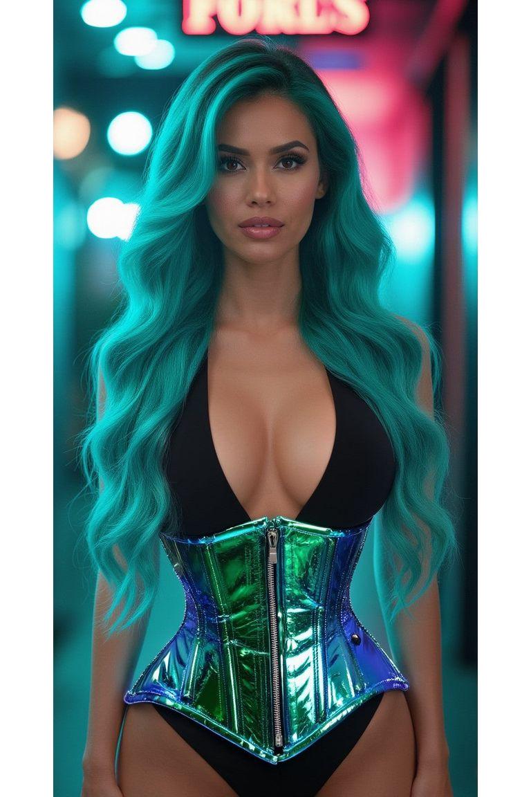 Daisy Corsets Top Drawer Blue/Teal Holo Double Steel Boned Underbust Waist Cincher Corset in Blue 