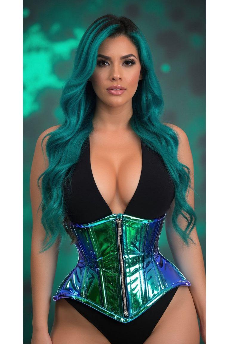 Daisy Corsets Top Drawer Blue/Teal Holo Double Steel Boned Underbust Waist Cincher Corset in Blue 