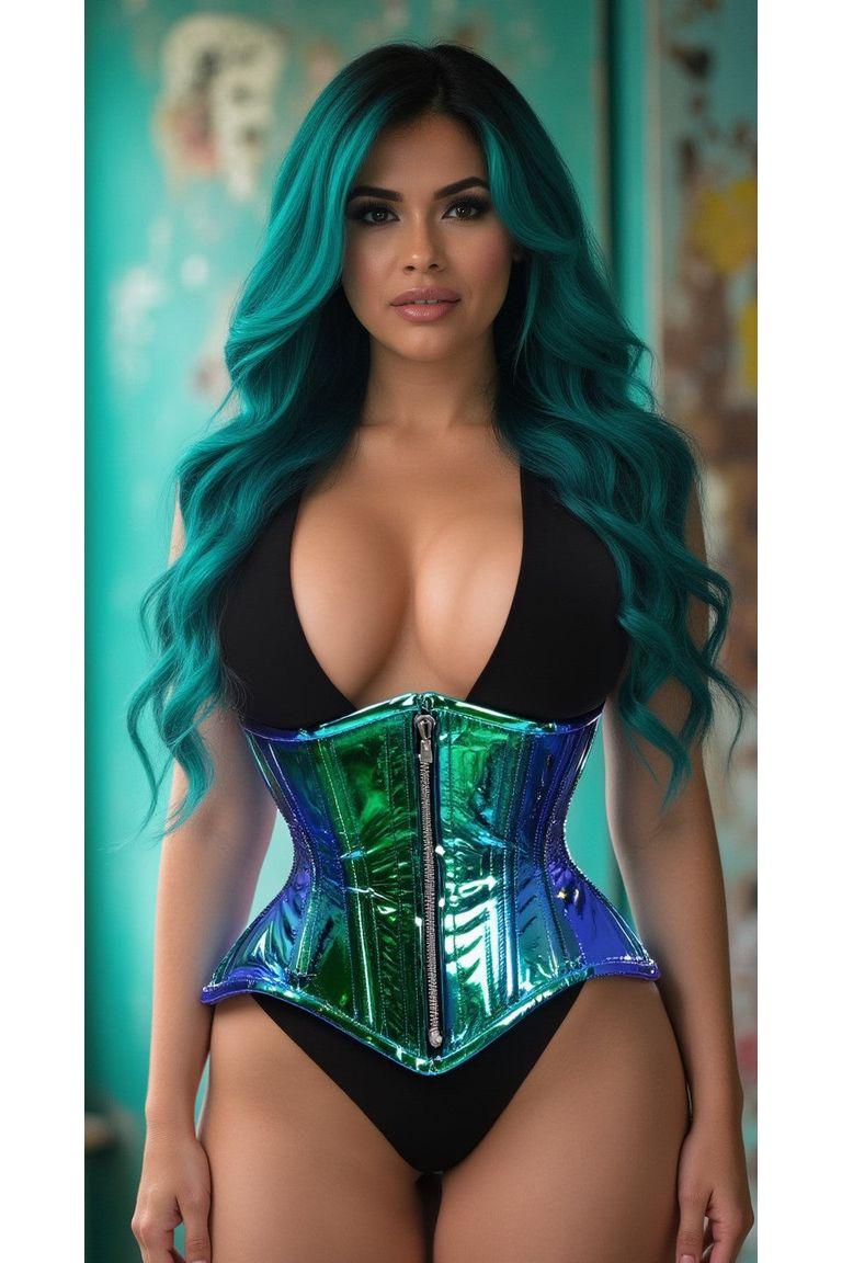 Daisy Corsets Top Drawer Blue/Teal Holo Double Steel Boned Underbust Waist Cincher Corset in Blue 