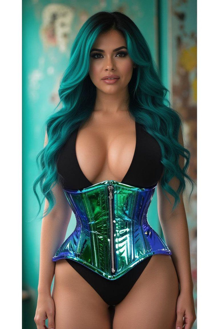 Top Drawer Blue/Teal Holo Double Steel Boned Underbust Waist Cincher Corset