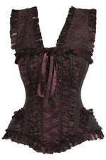 Top Drawer Brown Swirl Brocade & Lace Steel Boned Corset w/Cap Sleeves